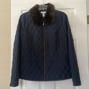CHARTER CLUB LIGHTLY QUILTED JACKET, FAUX LEATHER TRIM AND REMOVABLE FUR COLLAR